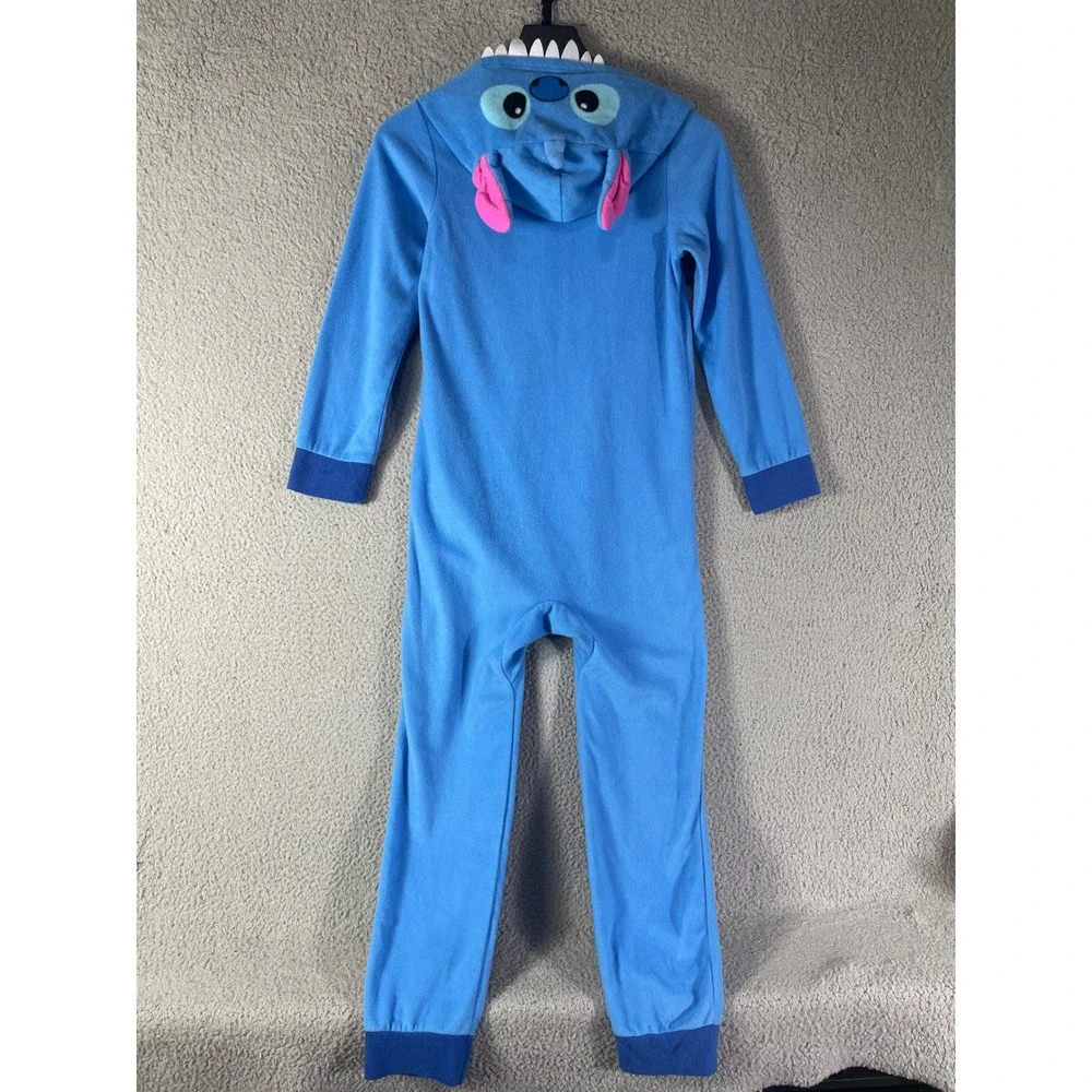 Disney Stitch Kids Fleece Pajamas L 10/12 Blue Hooded Costume Union Suit